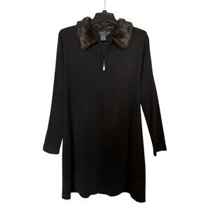 Carole Little Black Dress with Faux Fur Collar - Large